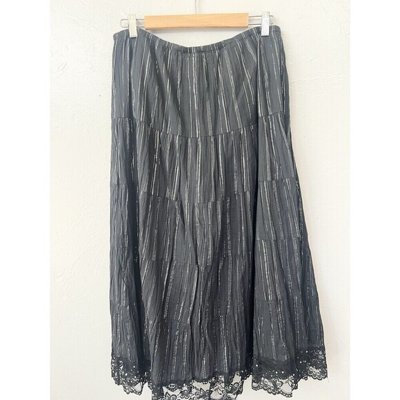 VINTAGE CACHE MAXI Sequin Gypsy Broom Skirt Size Medium Black Lace Whimsygoth - Picture 9 of 9